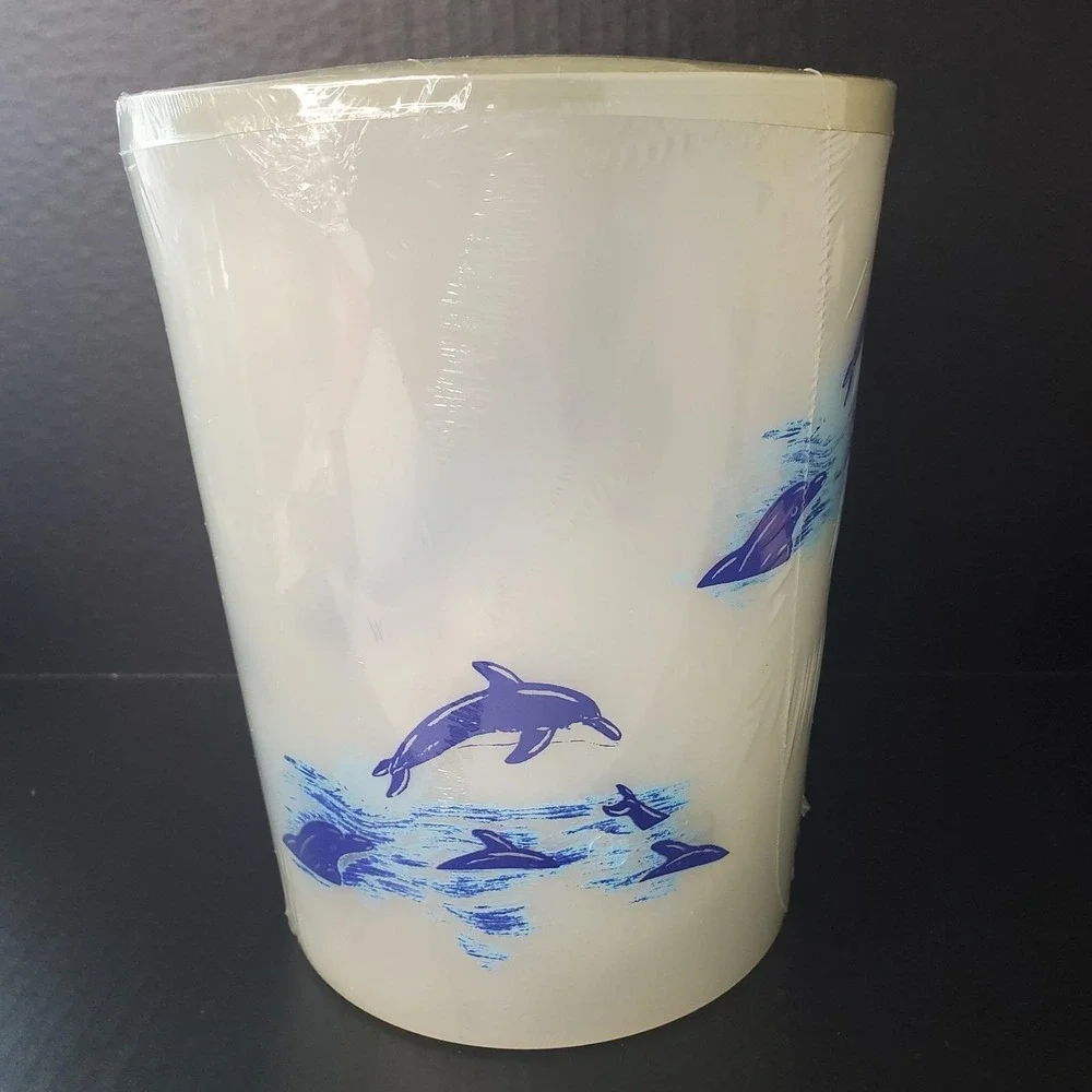 Vtg NOS DOLPHIN Plastic Bathroom Set Trash, Soap Holder, Dispenser, Toilet Brush